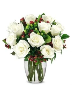 One Dozen White Roses With Christmas Berries