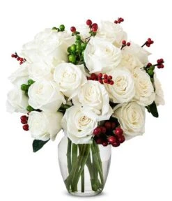 Two Dozen White Roses With Christmas Berries