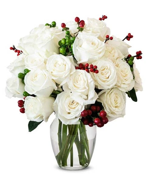 Two Dozen White Roses With Christmas Berries 1 Two Dozen White Roses With Christmas Berries